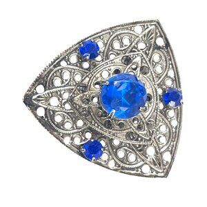 Vintage Silver-Tone Filigree Triangle Brooch With Blue Rhinestones